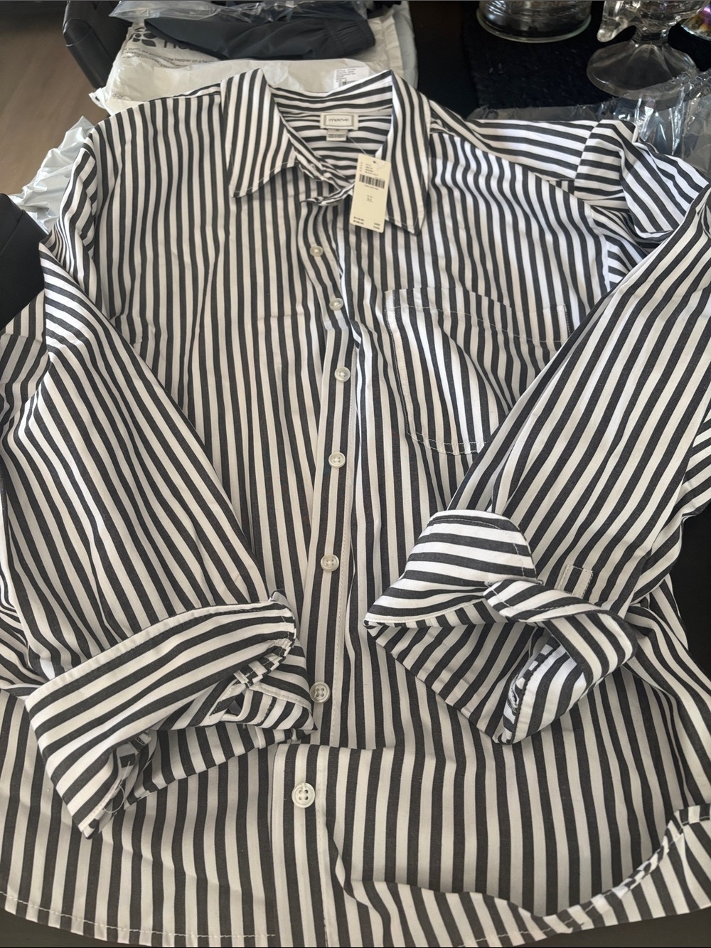 Maeve Black and White Vertical Stripe Button-Up Blouse - Picture 4 of 5